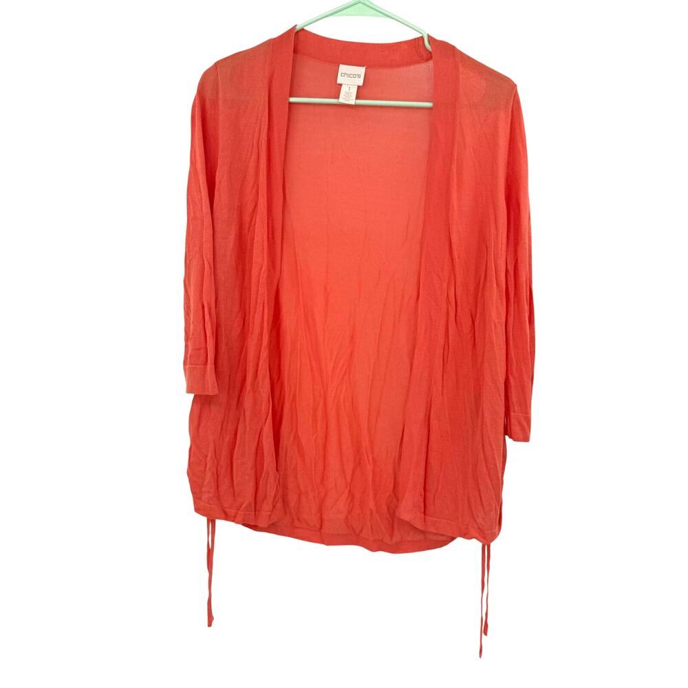 Chico's Size 1 Medium Open Front Cardigan Sweater Cinch Sides Orange Pink Color